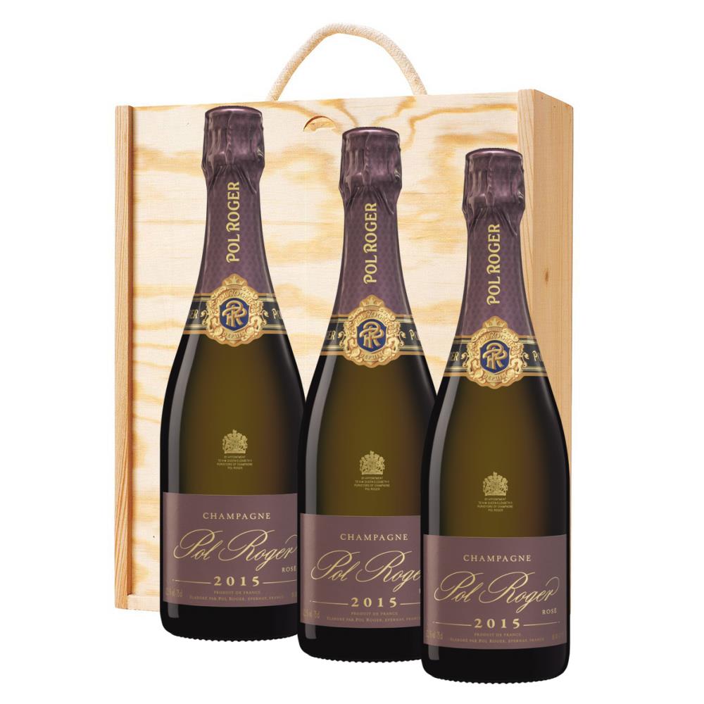 3 x Pol Roger Vintage Rose 2015 Champagne 75cl In A Pine Wooden Gift Box